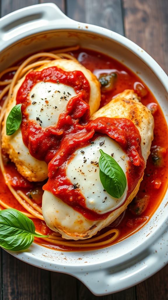 Delicious Italian chicken bake topped with mozzarella and served with marinara sauce.