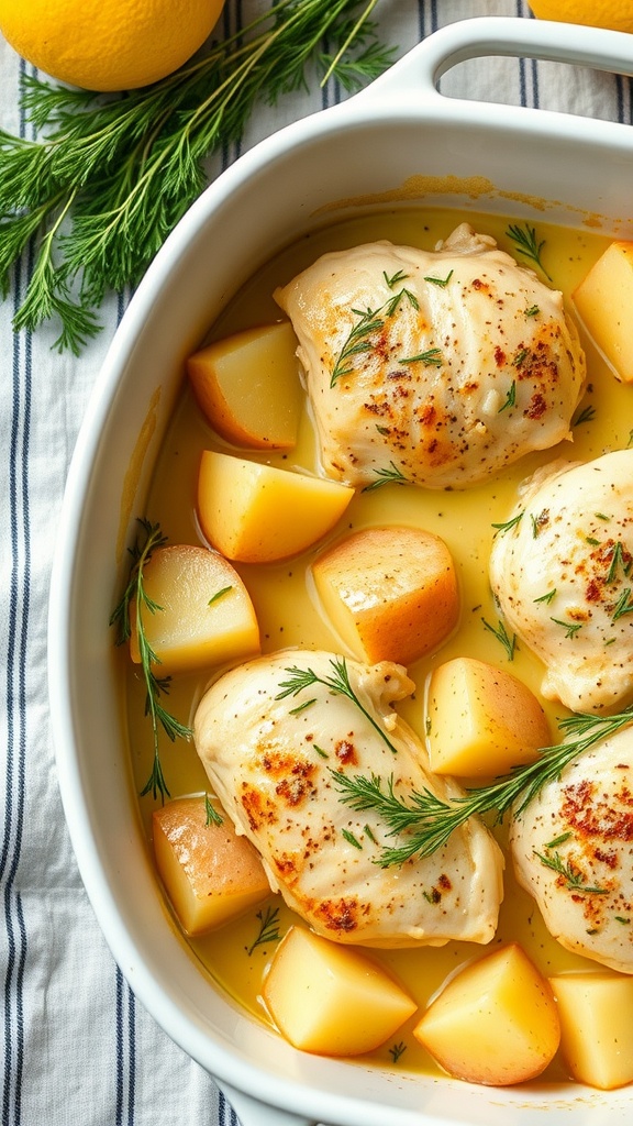 A lemon dill chicken bake with potatoes in a white baking dish, garnished with fresh dill.