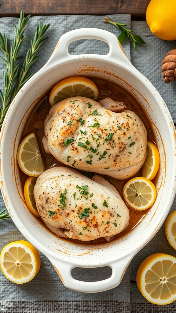 Lemon Herb Chicken Bake with chicken breasts and lemon slices in a baking dish