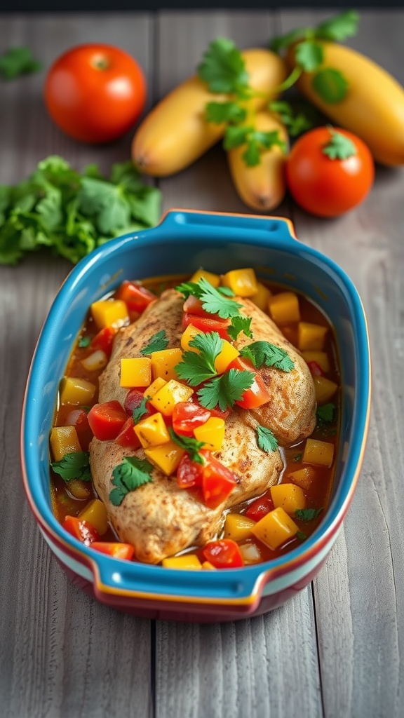 A colorful dish of chicken topped with mango salsa, tomatoes, and cilantro.