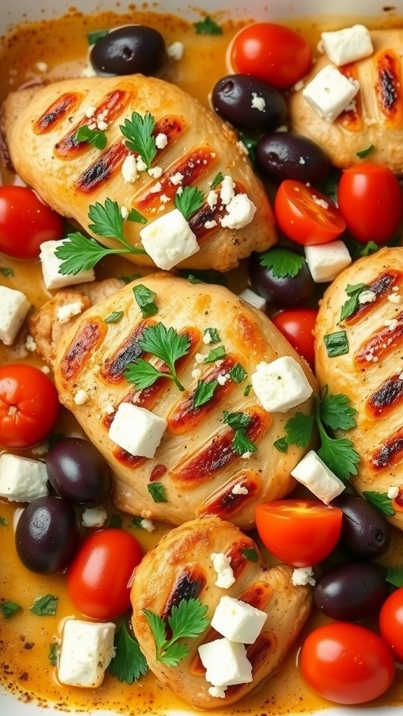 A Mediterranean chicken bake featuring chicken breasts, olives, cherry tomatoes, and feta cheese.