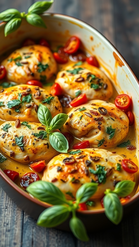 A delicious pesto chicken bake with sun-dried tomatoes and fresh basil garnished on top.