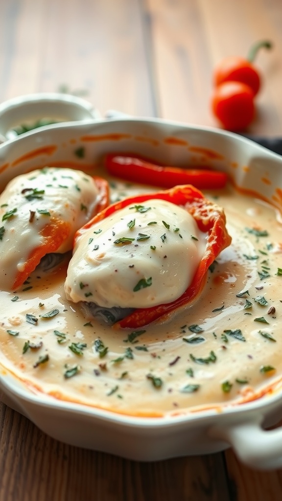 A delicious roasted red pepper chicken bake with creamy sauce and mozzarella cheese