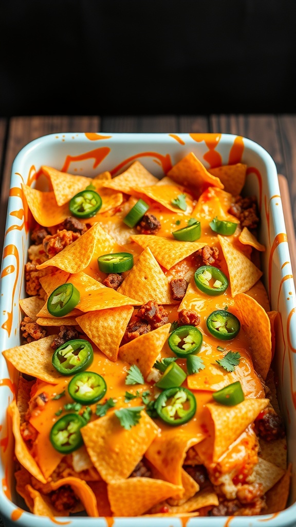 A delicious Spicy Taco Chicken Bake featuring layers of chicken, cheese, and tortilla chips.