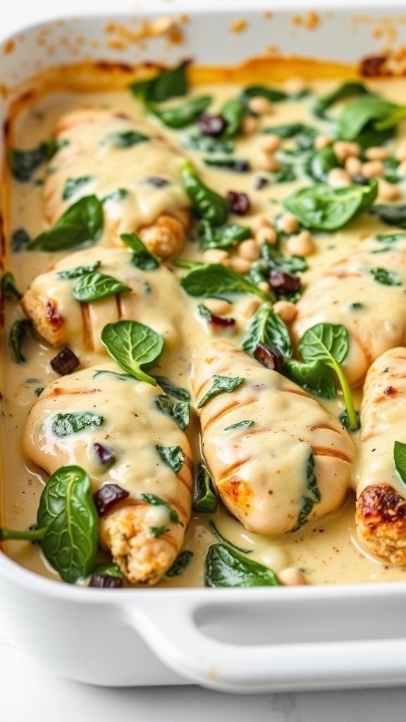 Delicious Spinach and Artichoke Chicken Bake with creamy sauce and spinach