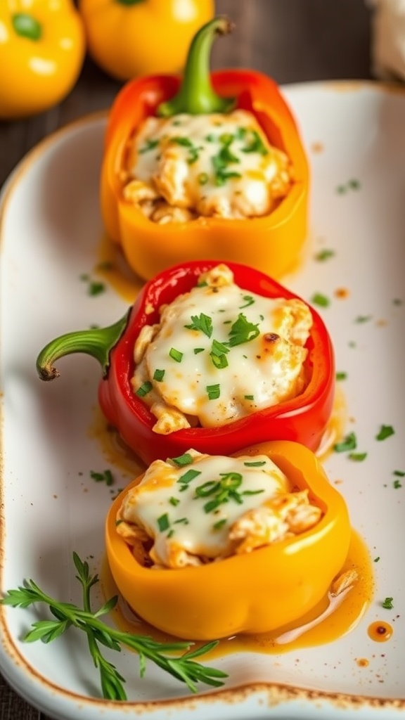 Stuffed bell peppers filled with chicken, rice, and cheese.