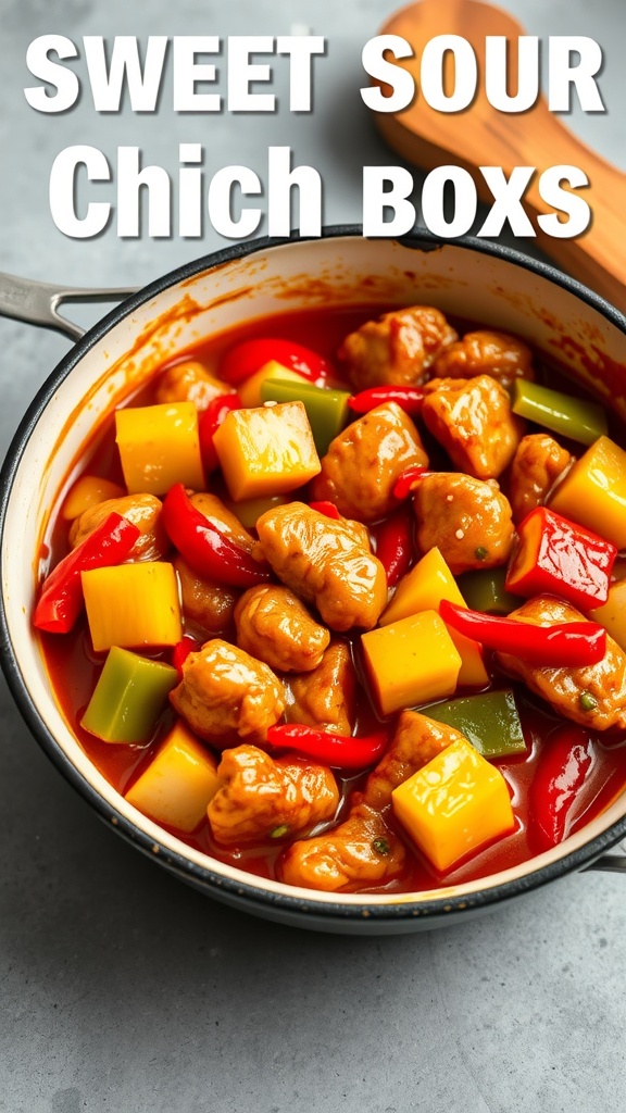 A delicious sweet and sour chicken bake with vibrant vegetables and pineapple