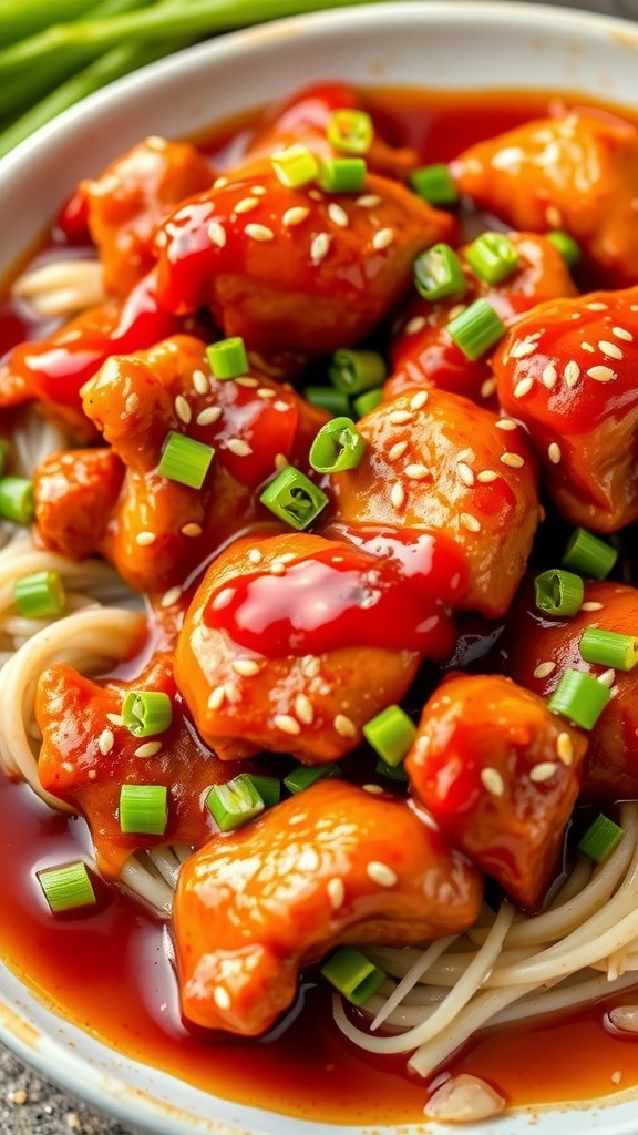 A delicious plate of Sweet Chili Chicken Bake served with noodles, garnished with green onions and sesame seeds.