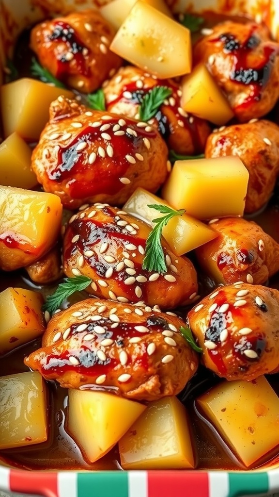 A succulent teriyaki chicken bake featuring tender chicken thighs, sweet pineapple chunks, and sesame seeds.