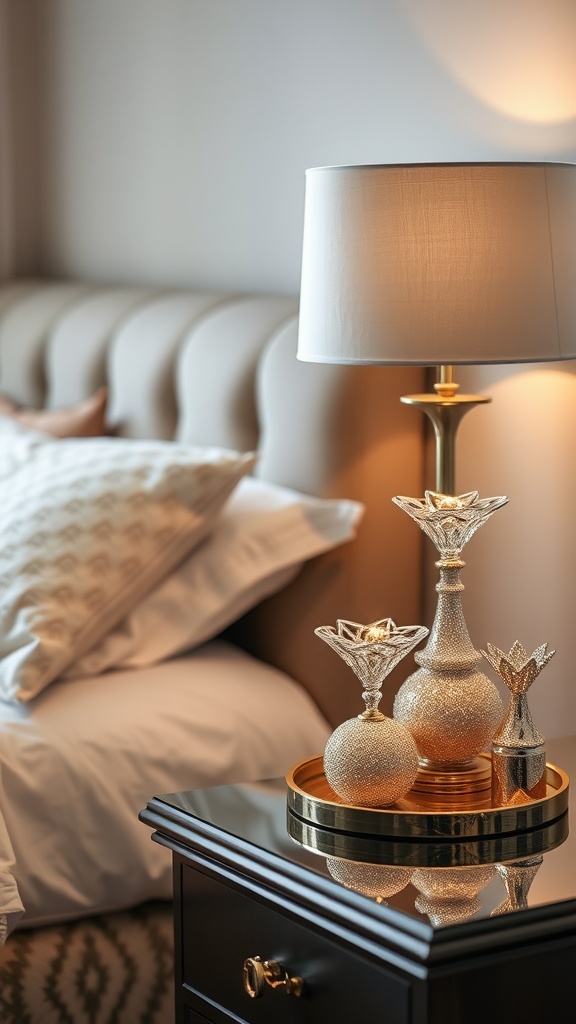 Glamorous bedroom accessories including a stylish lamp and decorative vases on a nightstand.