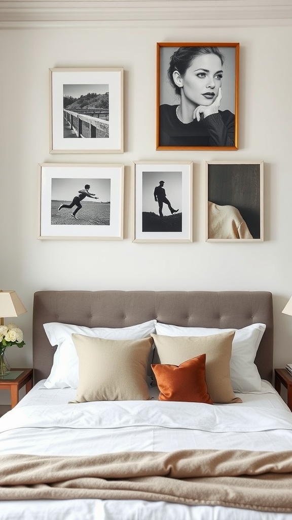 A stylish bedroom featuring a gallery wall of framed black and white art above a cozy bed.