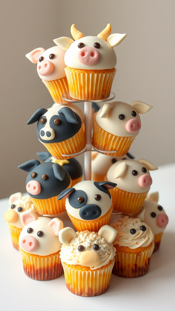 A tower of cupcakes decorated with animal faces including pigs, cows, and sheep.