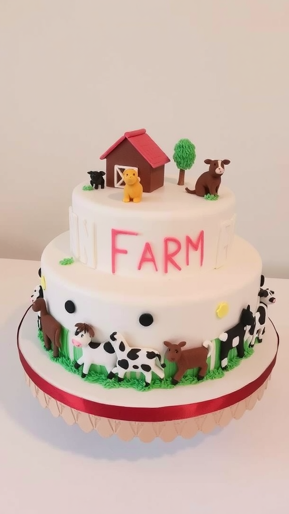 A three-tiered cake decorated with farm animals, a barn, and greenery.