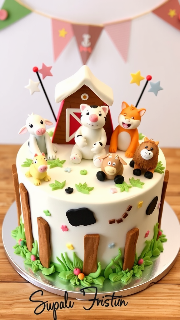 A colorful cake decorated with cute barnyard animal figures, including a cow, pig, and a cheerful cat, set against a vibrant backdrop.