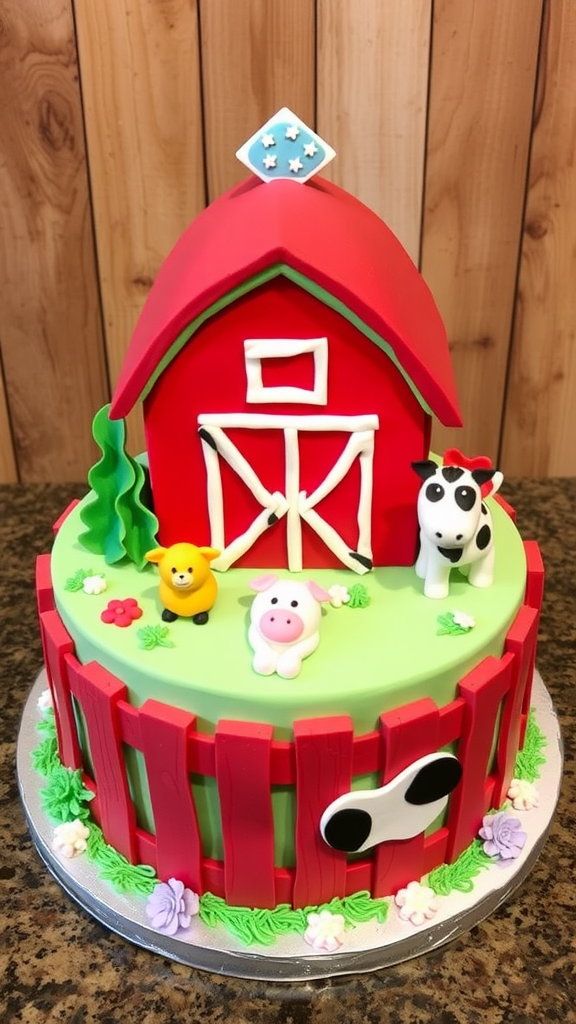 A colorful cake designed like a barn with farm animals on top.