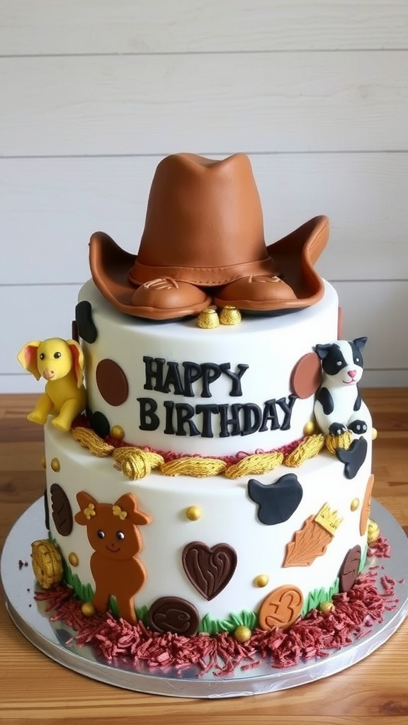 A birthday cake decorated with a brown cowboy hat, playful animal figures, and colorful icing details.