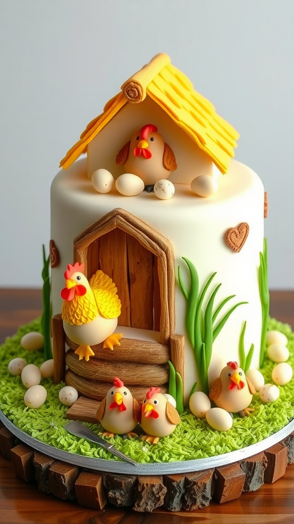 A charming cake designed like a chicken coop, featuring fondant chickens and eggs.