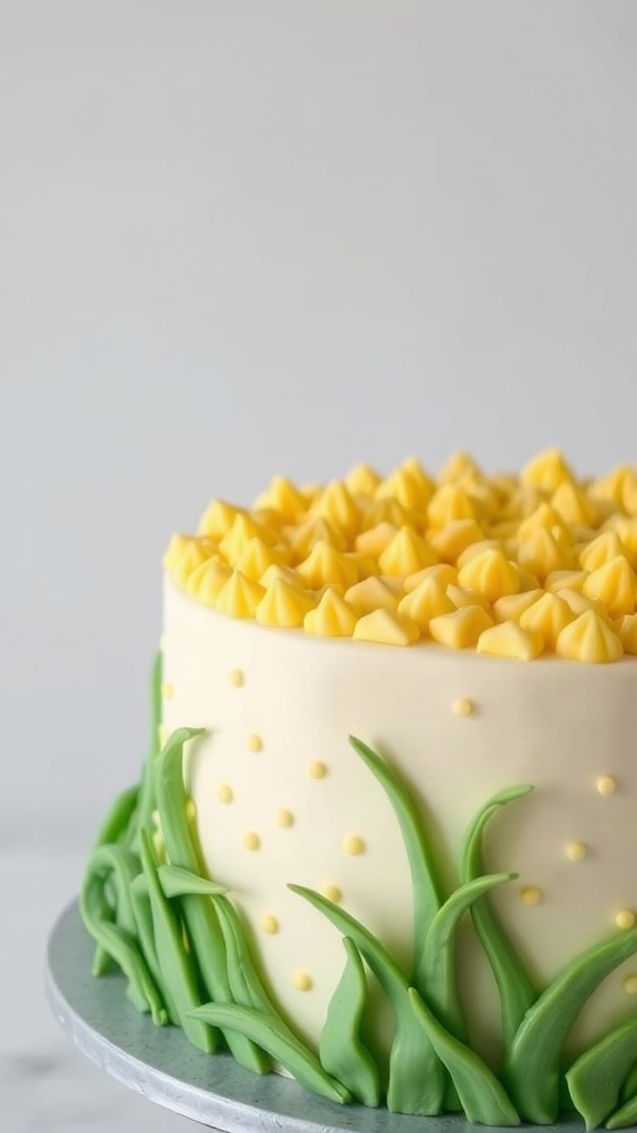 A cake decorated with yellow peaks resembling corn and green grass icing on the sides.