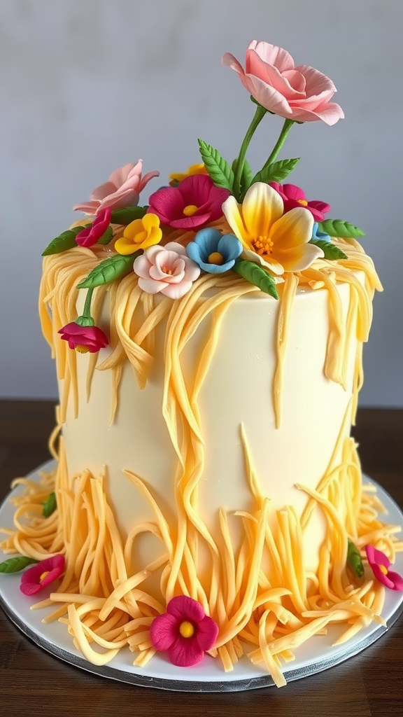 A colorful cake decorated to look like a haystack, topped with vibrant flowers and colorful frosting.