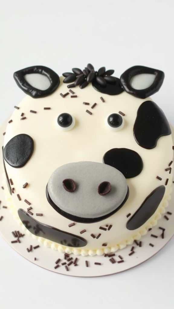 A cute cow-shaped cake with a playful design.