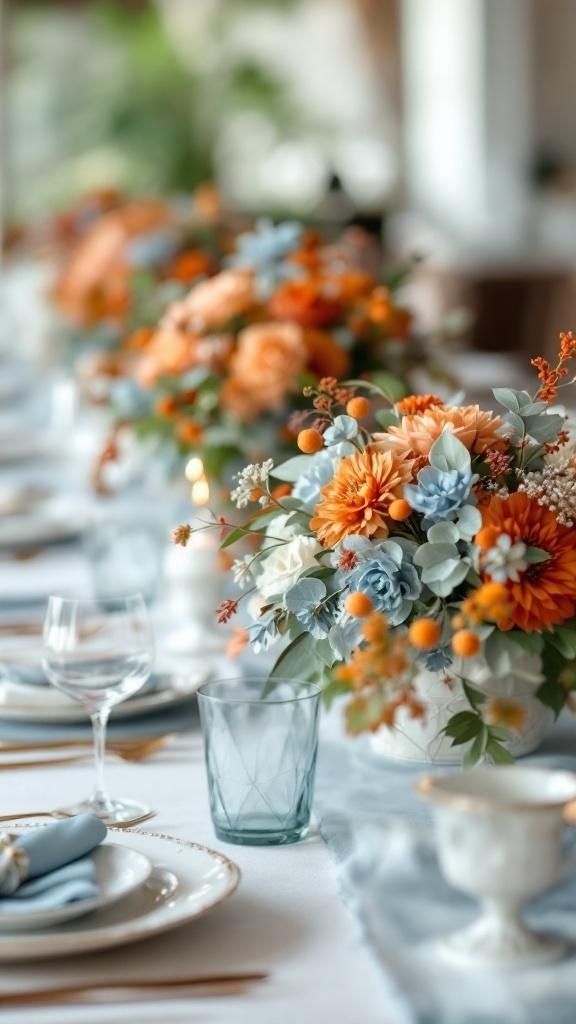 A table setting featuring centerpieces with rust orange and dusty blue flowers.