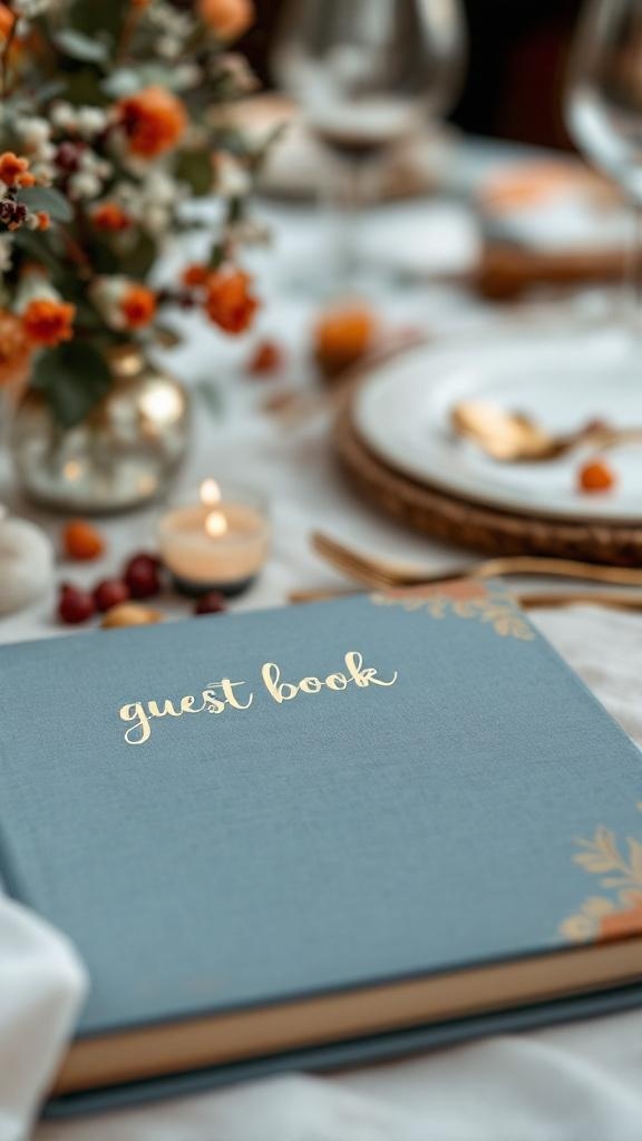 A dusty blue guest book with gold lettering on a wedding table, surrounded by flowers and candles.