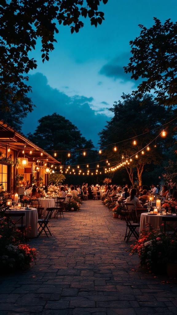 A beautifully lit outdoor wedding reception with string lights and tables set for guests.