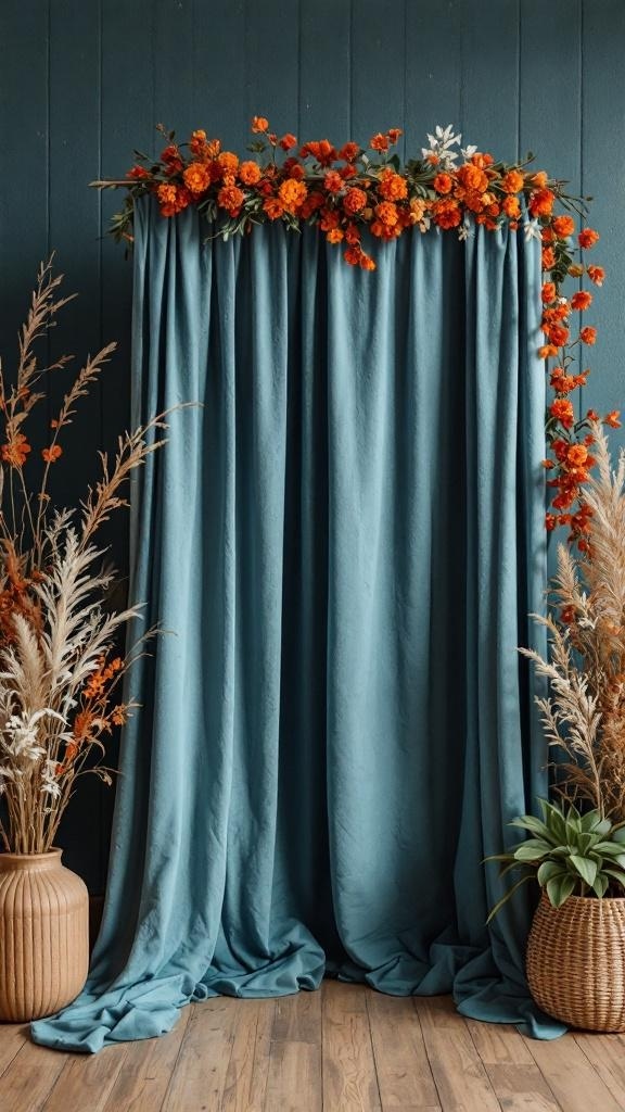 A photo booth with dusty blue curtains and rust orange flowers, surrounded by plants.
