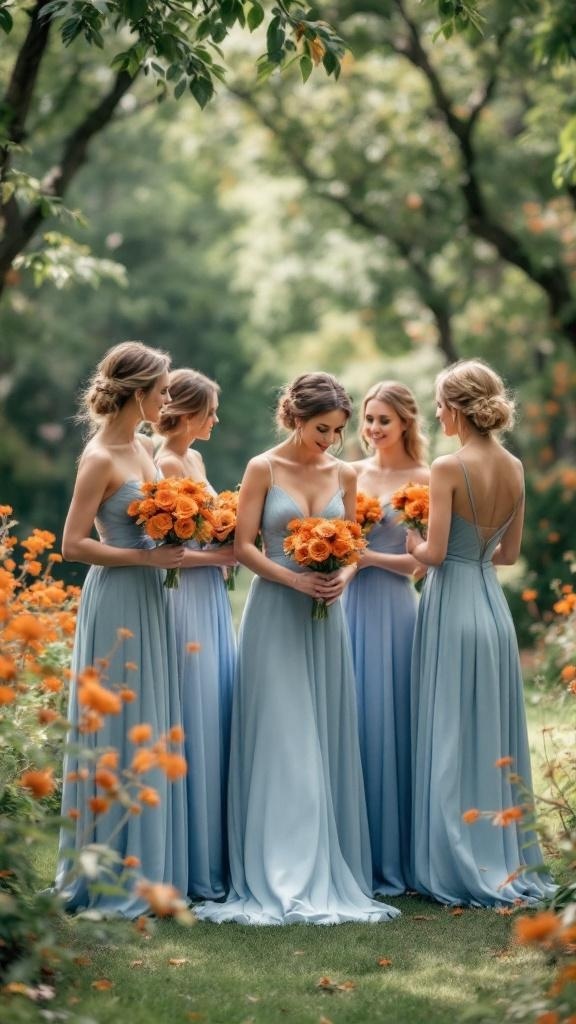 Bridesmaids in dusty blue dresses holding orange bouquets in a garden