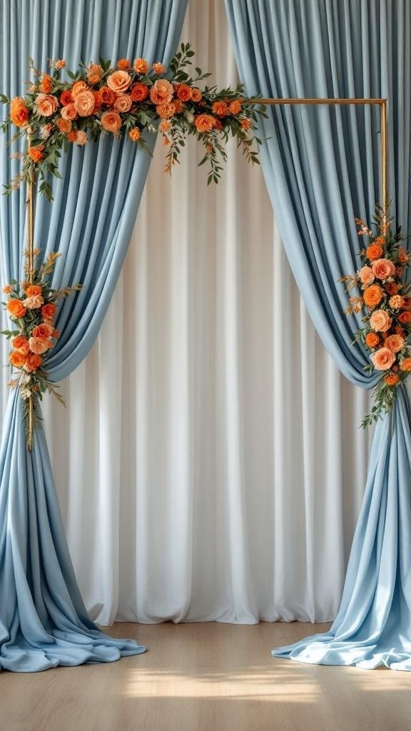 Dusty blue ceremony backdrop with orange flowers