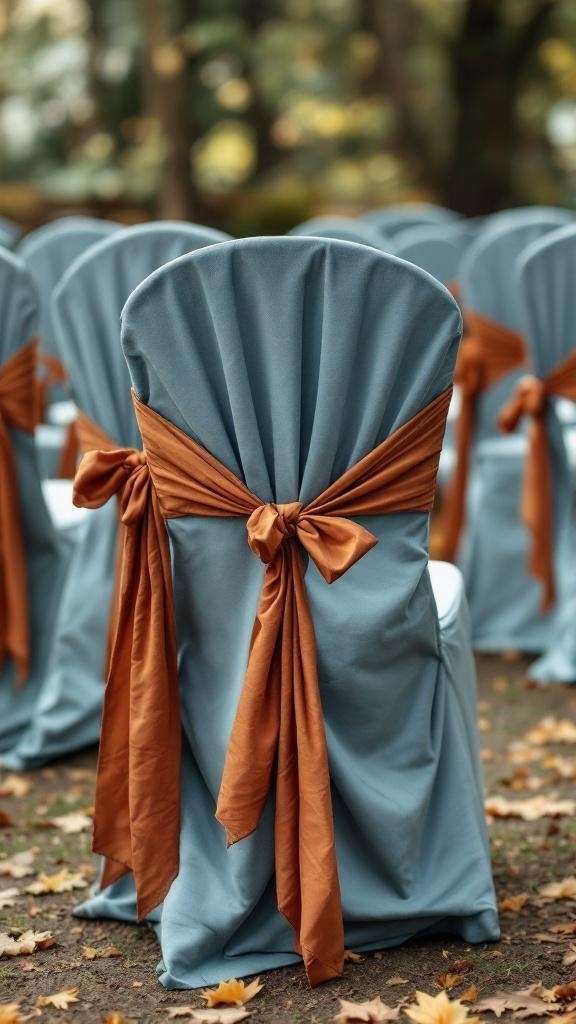 Dusty blue chair covers with rust sashes tied in bows