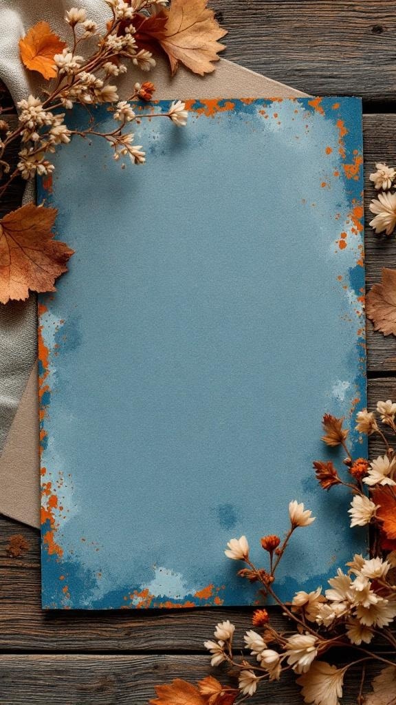 Dusty blue wedding invitation with rust accents and dried flowers