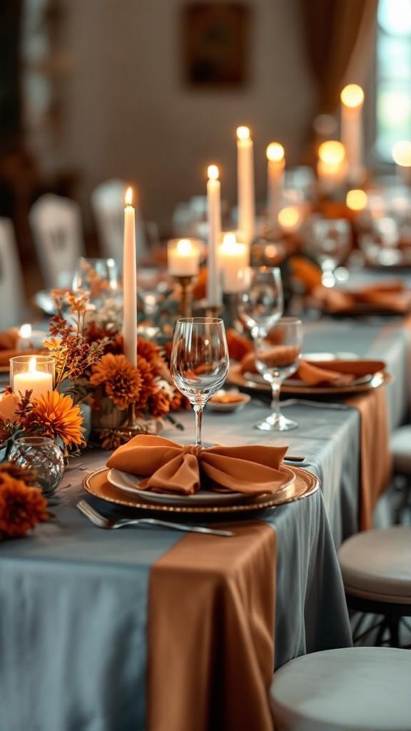 A beautifully set wedding reception table with dusty blue linens and rust orange accents.