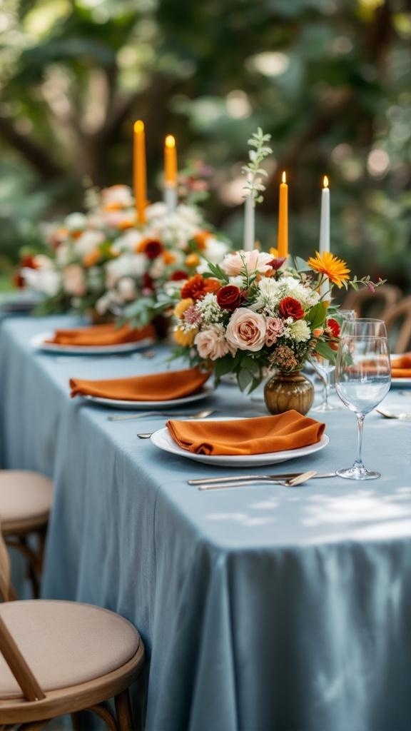 A wedding table setting featuring dusty blue linens, rust orange napkins, floral arrangements, and candles.