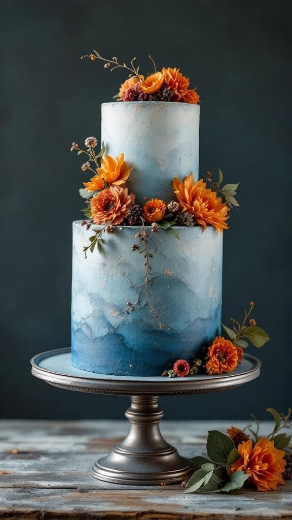 A two-tiered wedding cake with dusty blue icing and orange flowers on top.