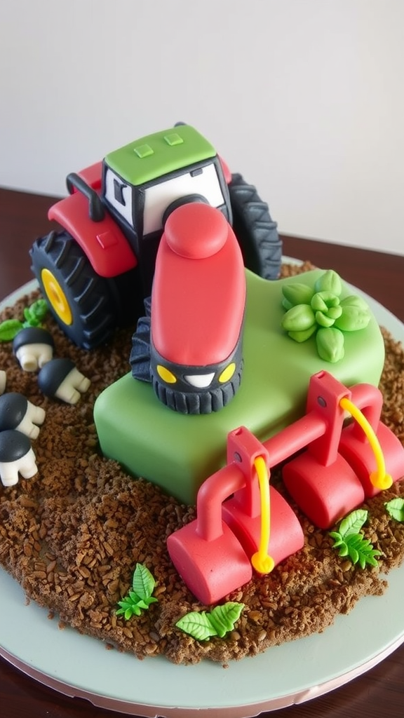 A cake designed to look like a tractor with colorful fondant decorations.