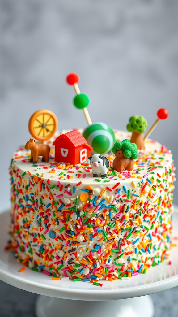 A colorful Funfetti cake decorated with farm-themed toys and sprinkles.