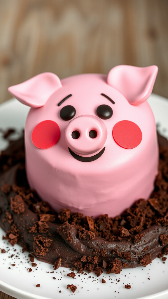 A cute pink piglet cake with chocolate crumbs on a plate.