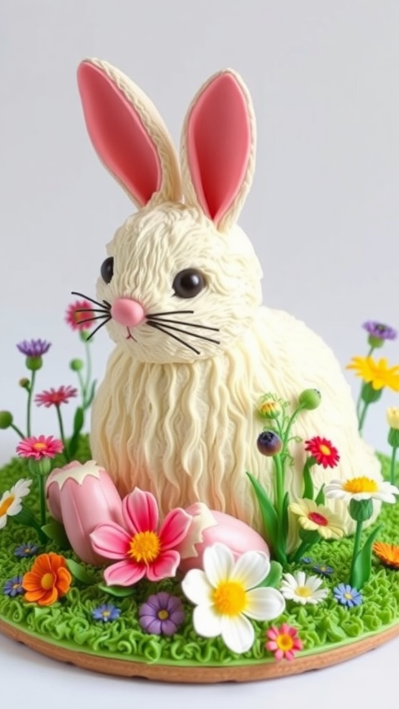 A cute cake shaped like a fluffy bunny surrounded by colorful flowers.