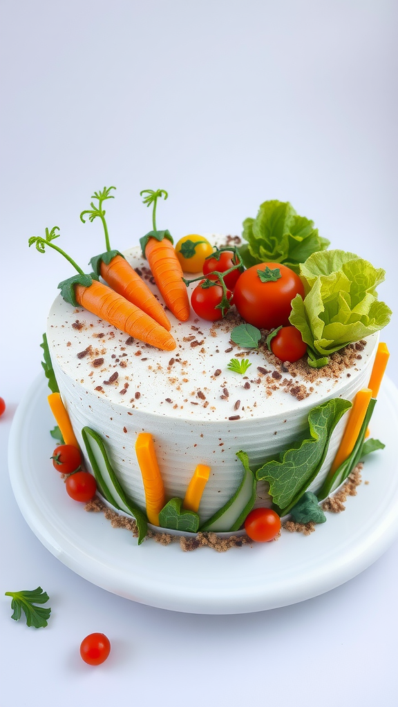 A beautifully decorated garden veggie cake topped with carrots, tomatoes, and lettuce.