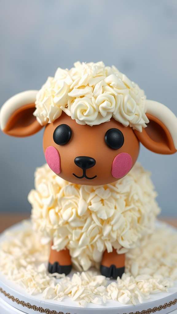 A cute cake designed to look like a sheep, covered in fluffy frosting with big eyes and rosy cheeks.