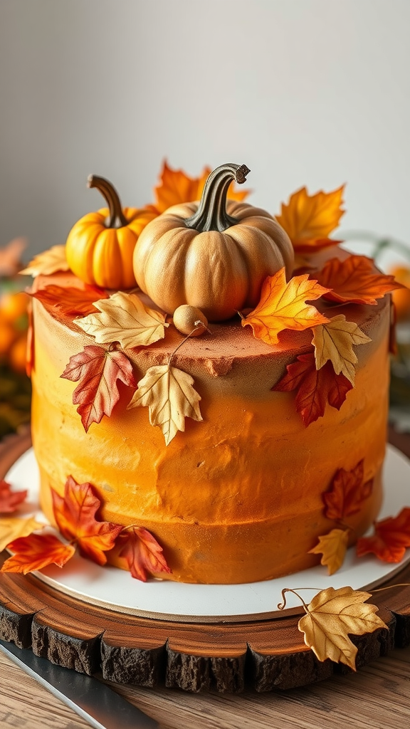 A beautifully decorated cake with orange frosting, pumpkins, and autumn leaves, set on a wooden platter.