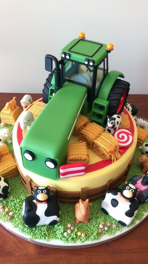 A colorful cake shaped like a tractor surrounded by farm animals and hay.