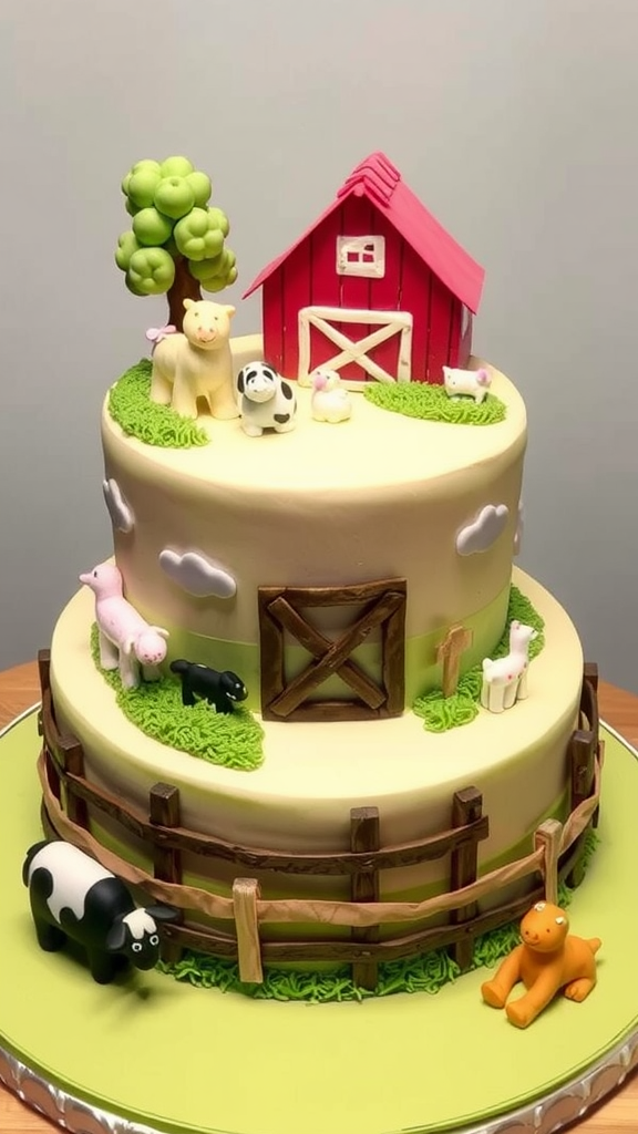 A cake decorated with a miniature farm scene featuring a red barn, animals, and greenery.