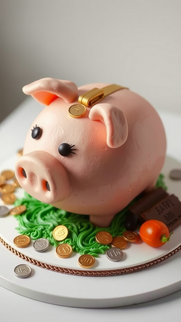 A cute piggy bank cake decorated with fondant coins and green icing.