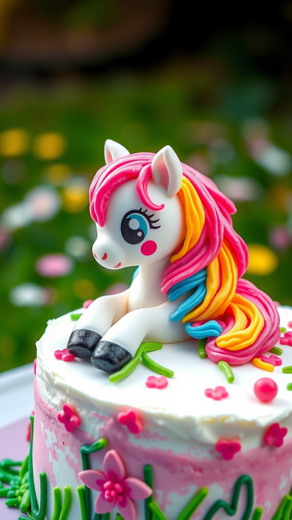 A colorful cake featuring a playful pony figurine on top, surrounded by flowers and green icing.