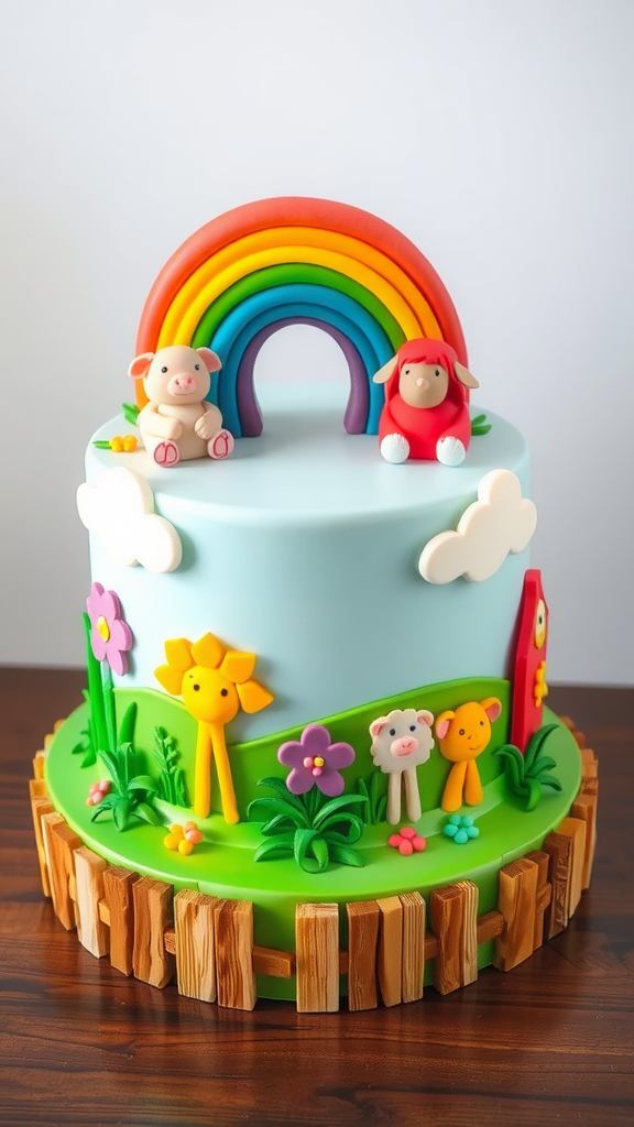 A colorful cake featuring a rainbow, cute animal figurines, and flowers.