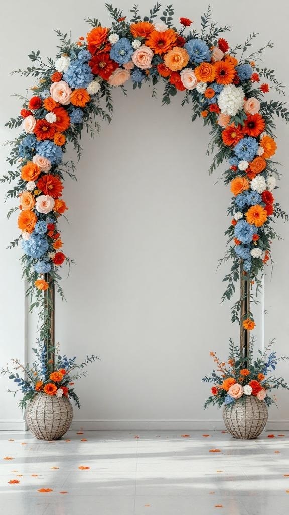 A floral arch featuring rust orange and dusty blue flowers, creating a vibrant wedding backdrop.