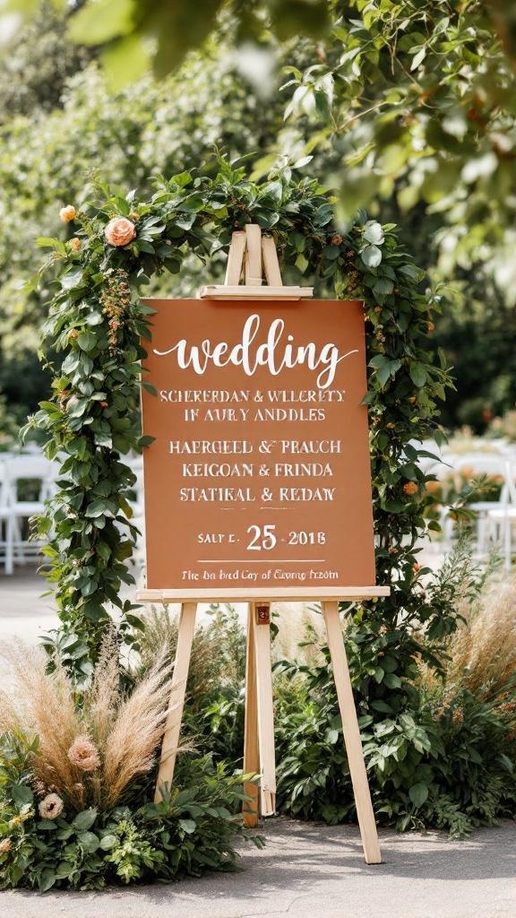 Wedding signage featuring rust orange and white text surrounded by greenery.