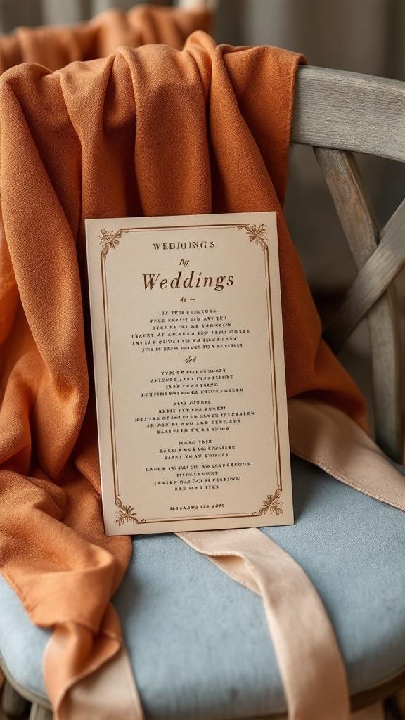 A wedding program displayed on a chair with rust orange fabric.